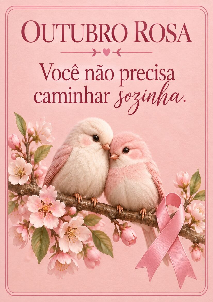 Imagem Outubro Rosa com dois passarinhos rosa e branco juntos em galho florido, acompanhados de mensagem de apoio